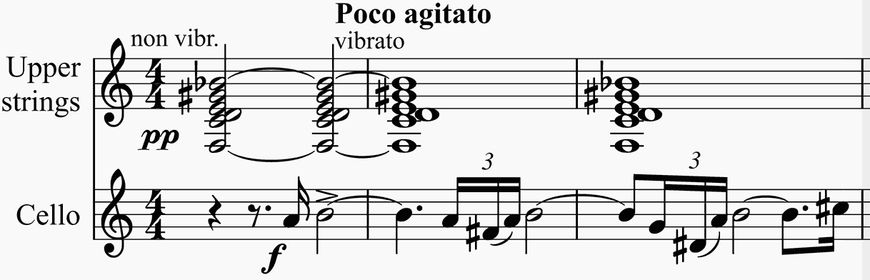 upper strings hold long chords against the cello's initial plaintive melody