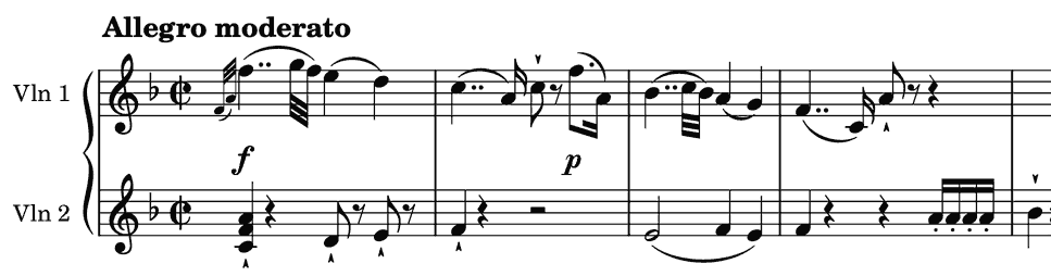 the second violin accompanies with a simple rising figure